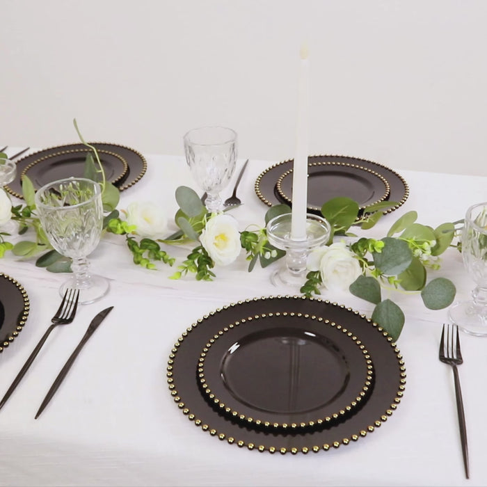 10 Pack Black Gold Beaded Rim Plastic Dinner Plates, Disposable Round Party Plates 10inch
