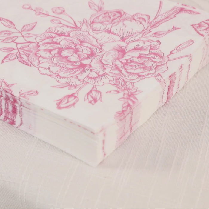 50 Pack White Pink 2-Ply Paper Dinner Napkins in French Toile Floral Pattern