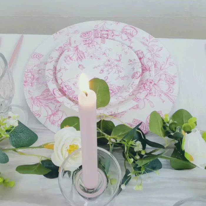 25 Pack French Toile Disposable Dinner Plates, Matte Pink and White Round Paper Party Plates - 9\"