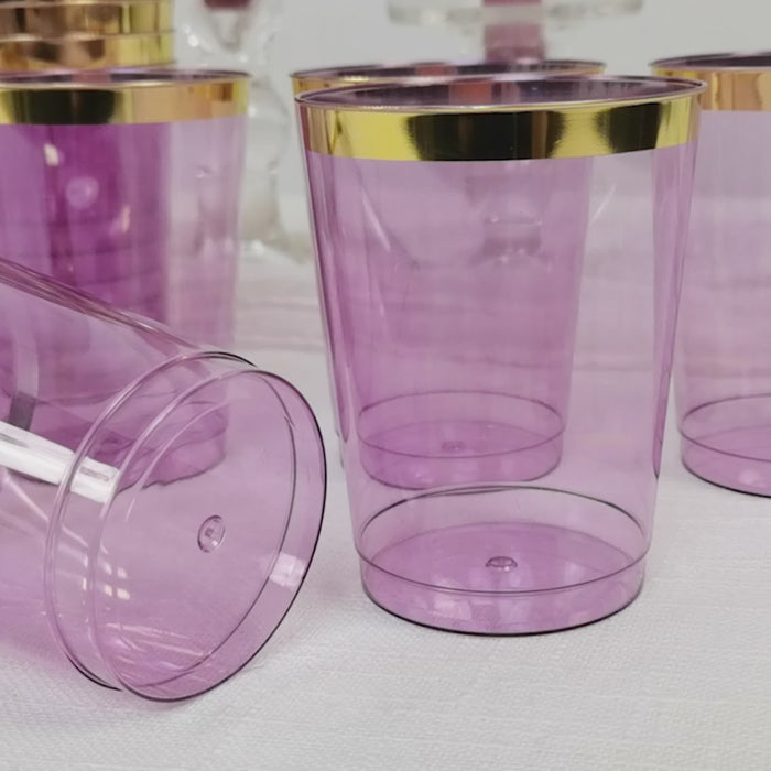 25 Pack Purple Crystal Plastic Tumbler Cups with Gold Rim