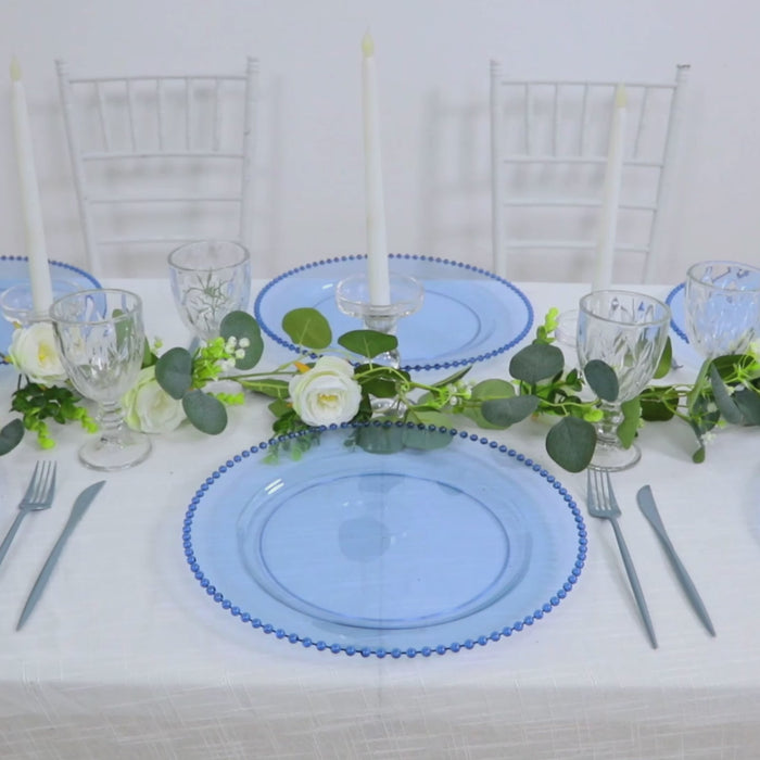 10-Pack Economy Plastic Charger Plates 13" Round Transparent Dusty Blue with Gold Beaded Rim