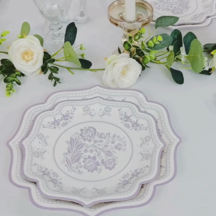 25 Pack White Lavender Lilac Paper Dinner Plates in French Toile Floral Pattern