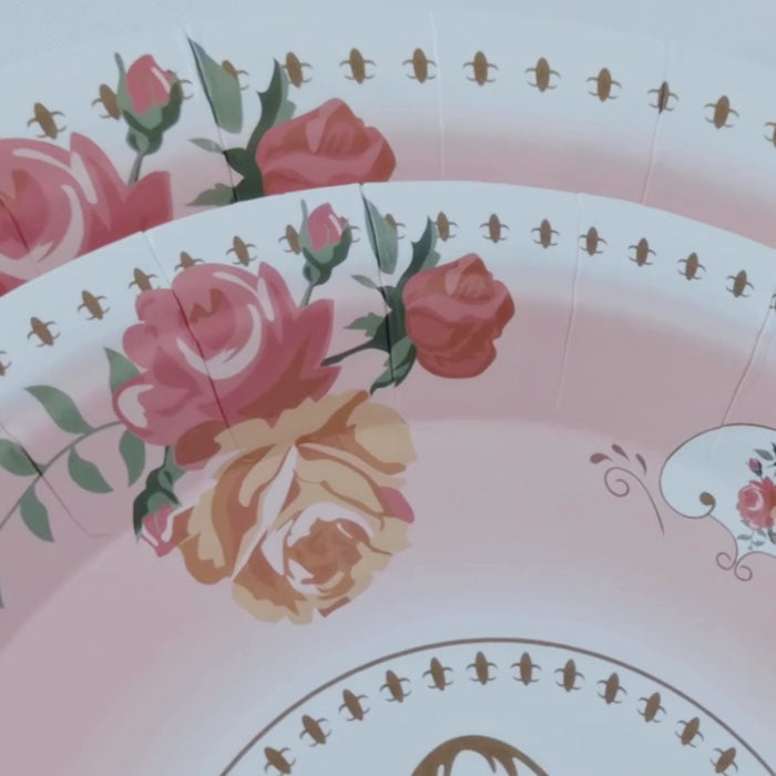 25 Pack Dusty Rose Round Paper Dessert Plates with Rose Flowers Print