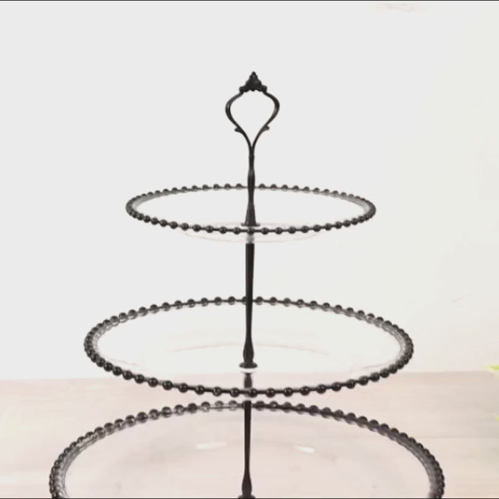 Clear 3-Tier Round Plastic Cupcake Tower Stand with Black Beaded Rim, Dessert Display Tea Party