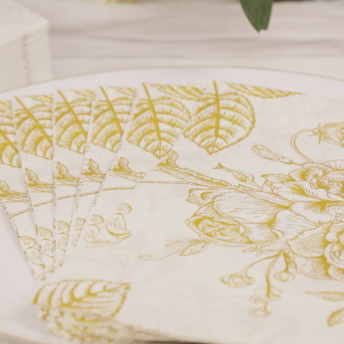 50 Pack White Gold 2-Ply Paper Cocktail Napkins in French Toile Floral Pattern, Highly Absorbent