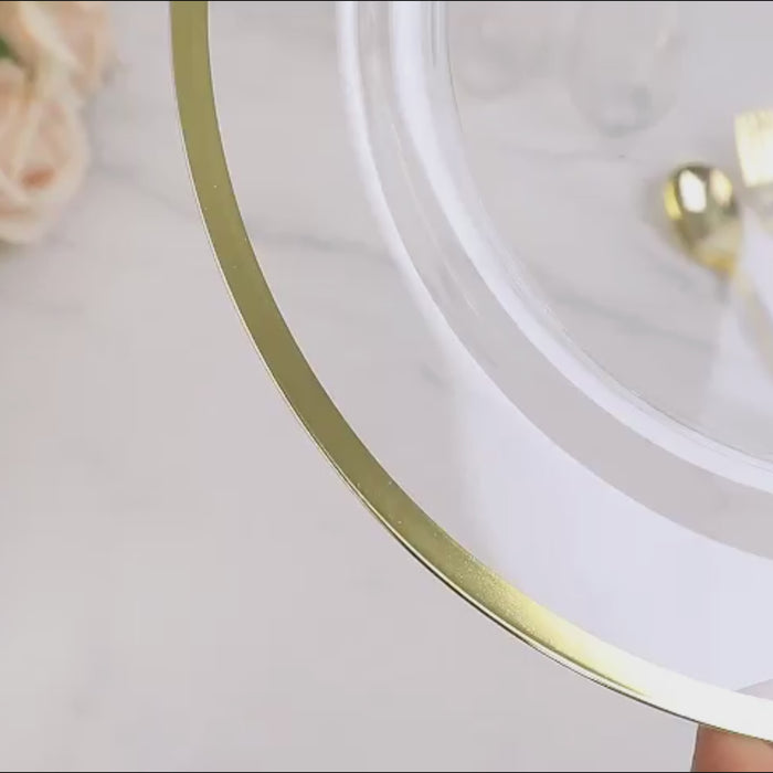 10-Pack Plastic Round Appetizer Plates 7inch Clear with Gold Rim