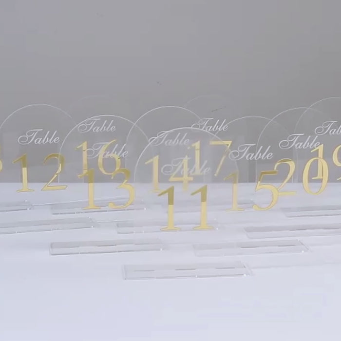 Wedding Table Numbers 1-10 – Clear Arch Acrylic with Gold Print & Stands for Elegant