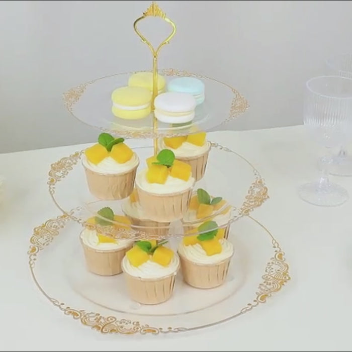 3-Tier Clear Plastic Cupcake Stand Holder with Silver Embossed Baroque Rim