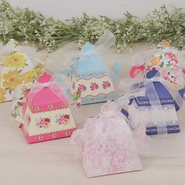24 Pack Party Favor Boxes in Mixed Vintage Floral Tea Pot Design Elegant Cardboard Paper Gift Box