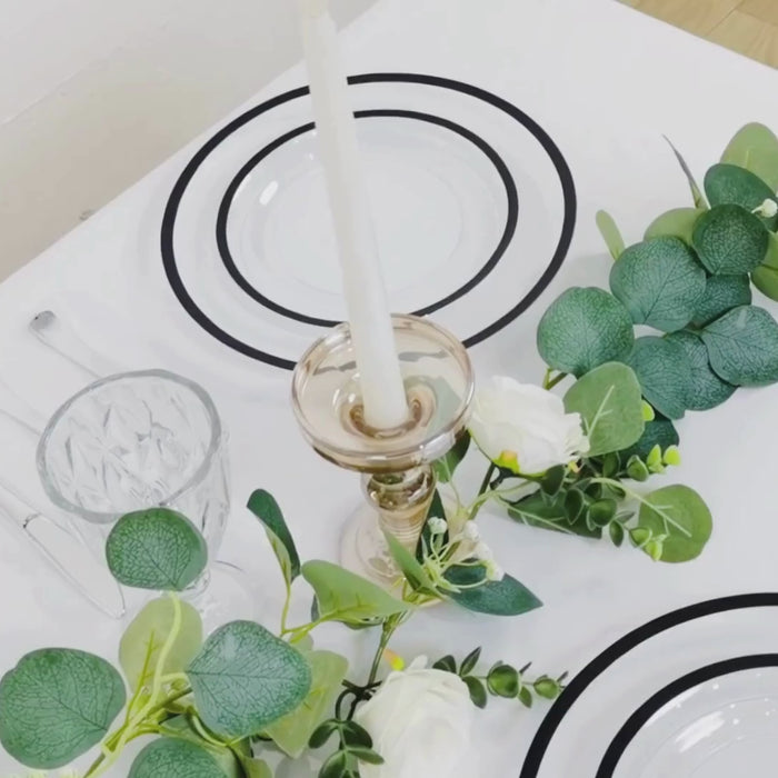 10 Pack Clear Regal Plastic Dinner Plates With Black Rim, Round Disposable Party Plates