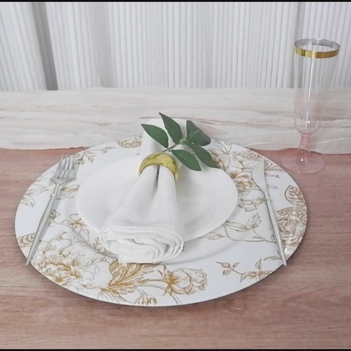 6 Pack White Gold Floral Acrylic Charger Plates in French Toile Pattern