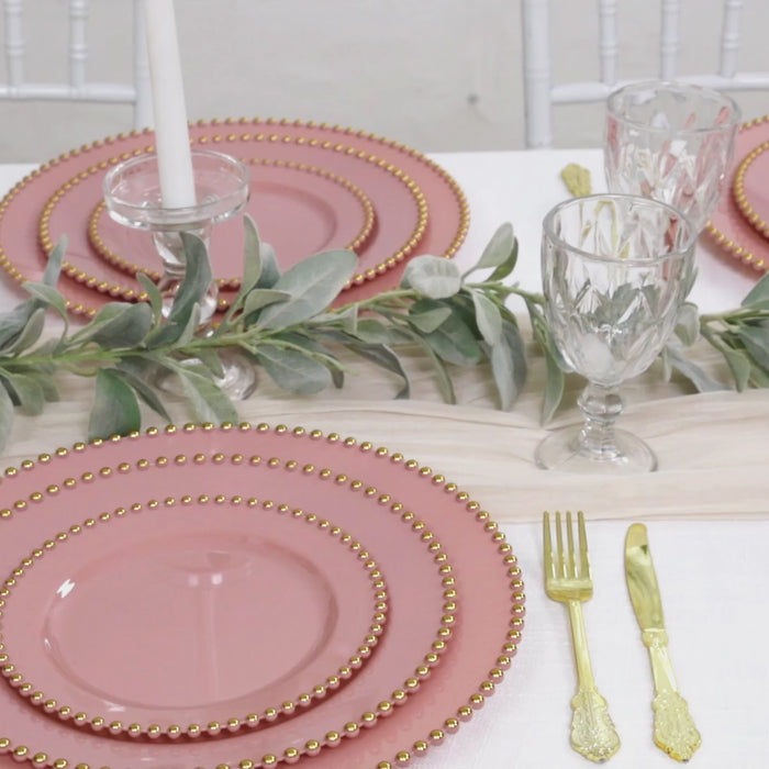 10-Pack Plastic Round Dinner Plates Dusty Rose with Gold Beaded Rim - Disposable Party Plates