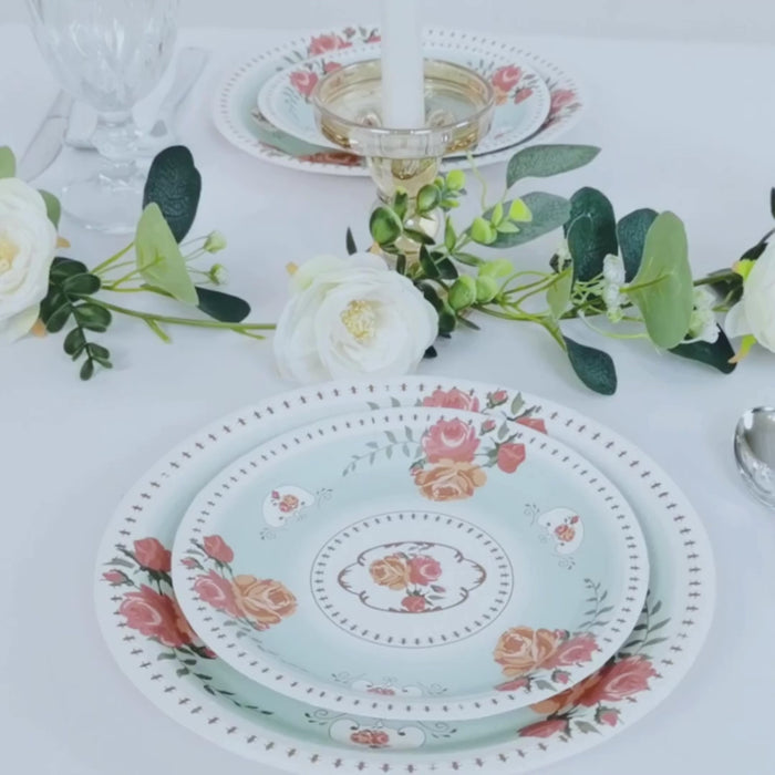 25 Pack Turquoise Round Paper Dessert Plates with Rose Flowers Print