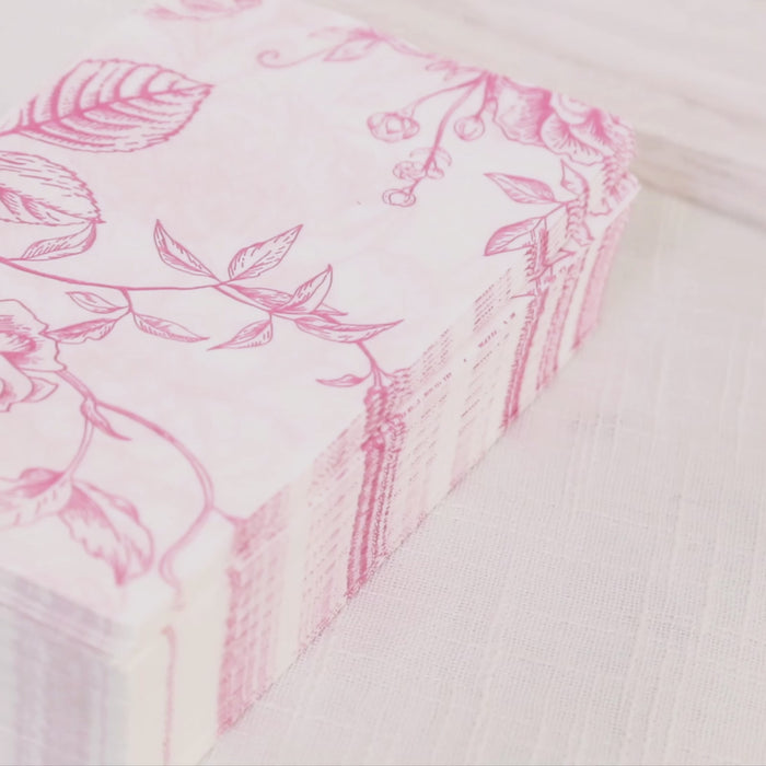 50 Pack 2-Ply Paper Cocktail Napkins in Matte Pink and White French Toile Floral Pattern