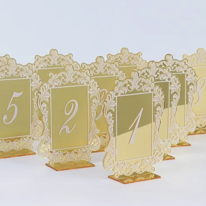 Wedding Table Numbers 1-10 – Gold Mirror Arch Acrylic with Baroque Lace Border