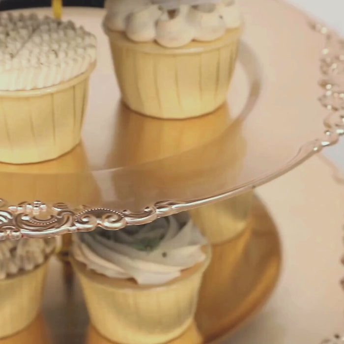 3-Tier Metallic Gold Plastic Cupcake Stand Holder with Embossed Baroque Rim, Round Cake Dessert