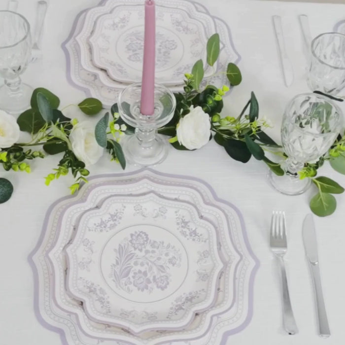 10-Pack Disposable Table Placemats 13inch White with Lavender Damask Floral Pattern & Scalloped Rim