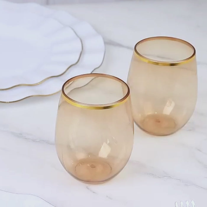 12-Pack Plastic Stemless Wine Glasses 12oz, Transparent Amber with Gold Rim - Reusable Tumblers