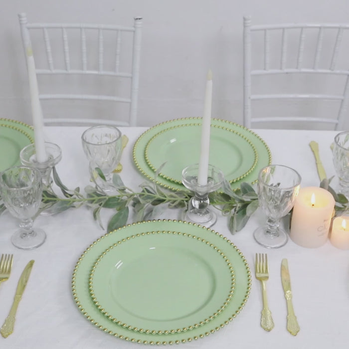 10-Pack Economy Plastic Charger Plates 13" Round Sage Green with Gold Beaded Rim - Stylish Dinner