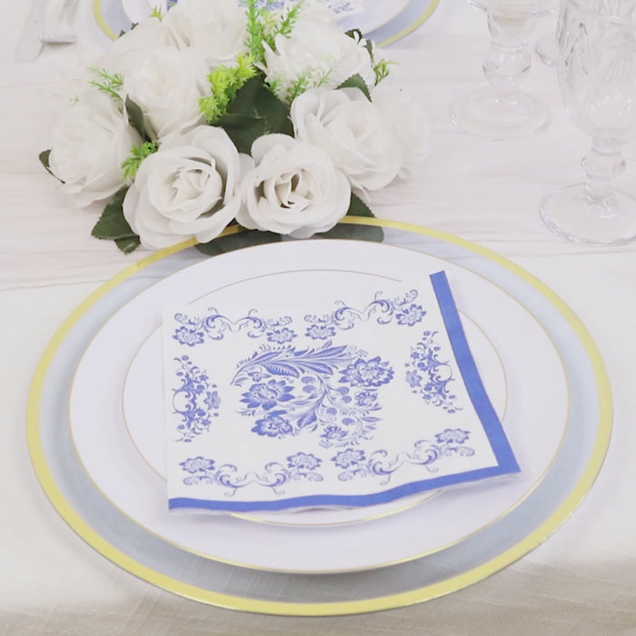 50 Pack 2-Ply Paper Cocktail Napkins in White Royal Blue Damask Pattern
