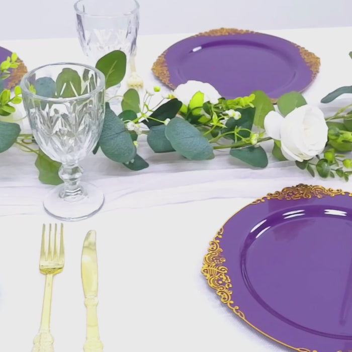 10-Pack Plastic Round Dinner Plates 10inch Purple with Gold Leaf Embossed Rim Vintage Baroque Style