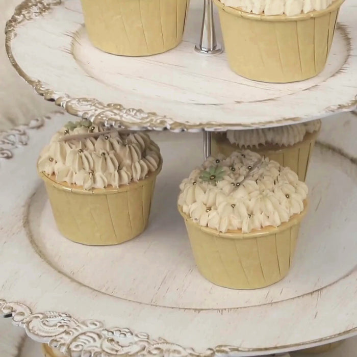 3-Tier Whitewashed Plastic Cupcake Stand Holder with Antique Gold Embossed Baroque Rim, Rustic Round