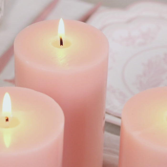 12-Pack Unscented Pillar Candles – Dripless 3x4inch Blush Paraffin Wax with Smokeless Cotton Wicks