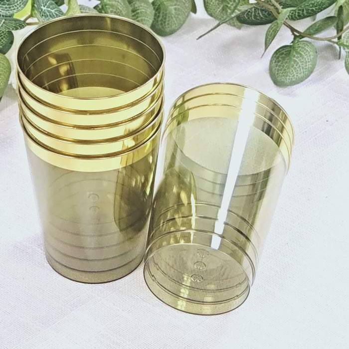 25-Pack Plastic Tumbler Cups 10oz Transparent Dusty Sage Green with Gold Rim - Disposable Crystal