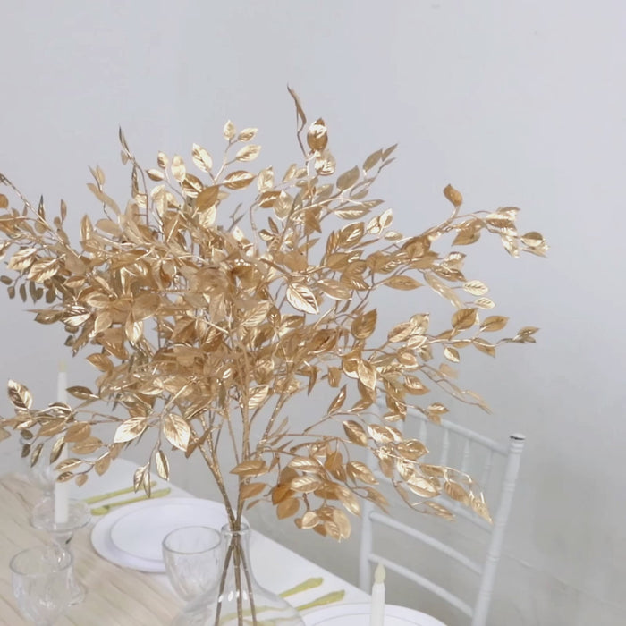 4 Pack Gold Metallic Artificial Leaf Stems 33inch Italian Ruscus Branches Plastic Greenery Floral
