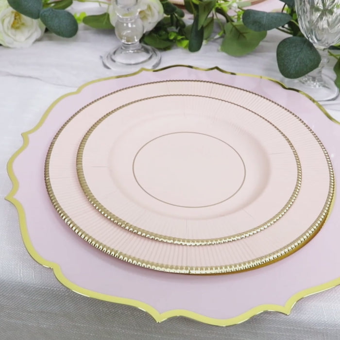 25-Pack Paper Round Dessert Plates Blush Sunray Design with Gold Rim - 350GSM Heavy Duty