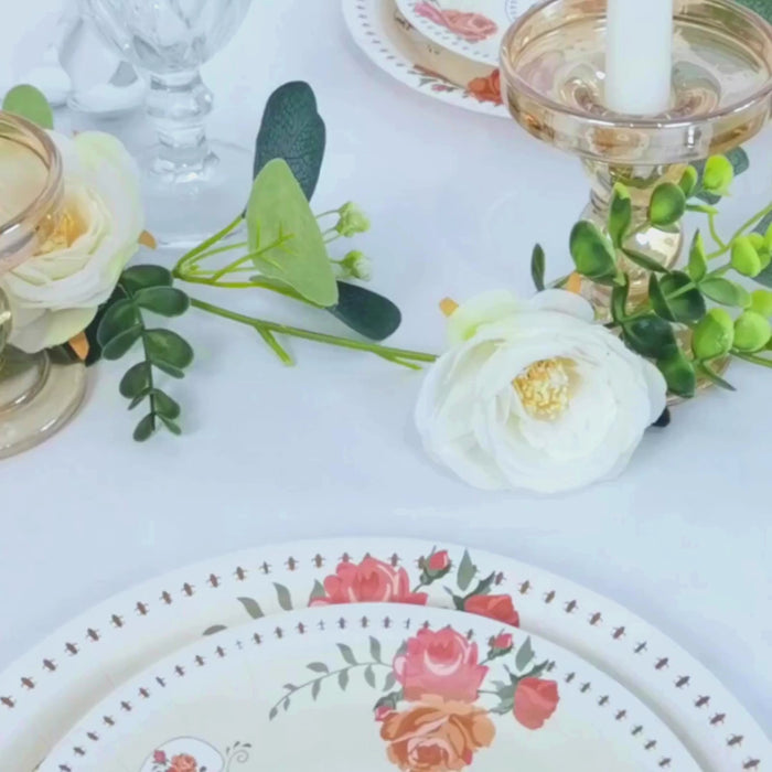 25 Pack Ivory Round Paper Dessert Plates with Rose Flowers Print
