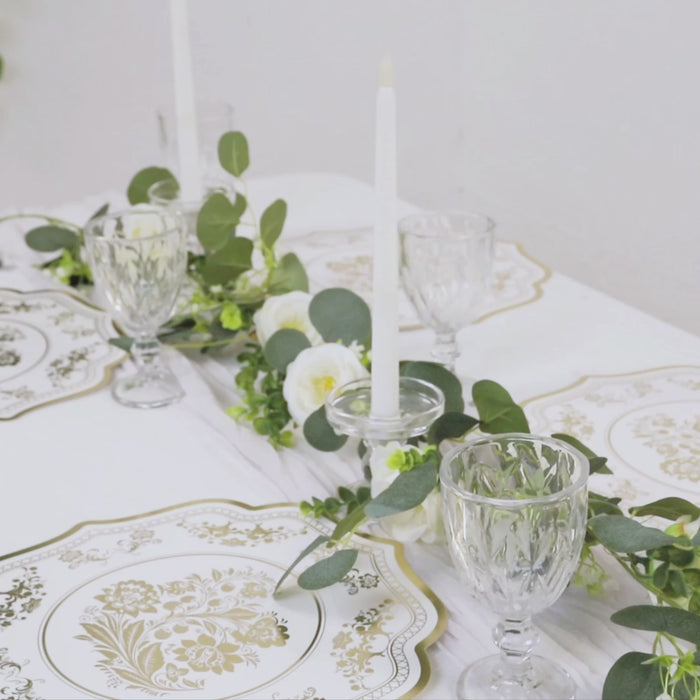 10 Pack White Gold Cardboard Paper Placemats with French Toile Pattern, Round Disposable