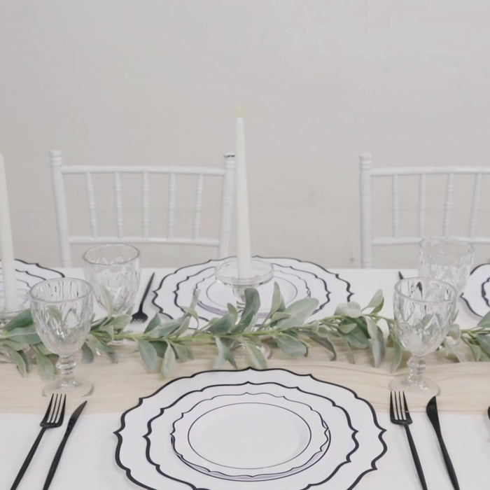 10-Pack Plastic Round Dessert Plates White with Black Scalloped Rim - Disposable Appetizer/Salad 