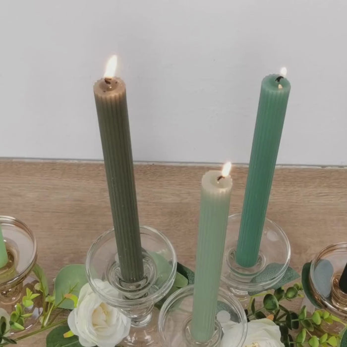 5 Pack Assorted Sage Green Premium Unscented Ribbed Wick Taper Candles,