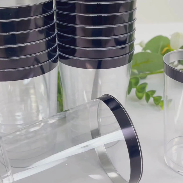 25 Pack Clear Crystal Plastic Tumbler Cups with Black Rim, Disposable Drinking Glasses