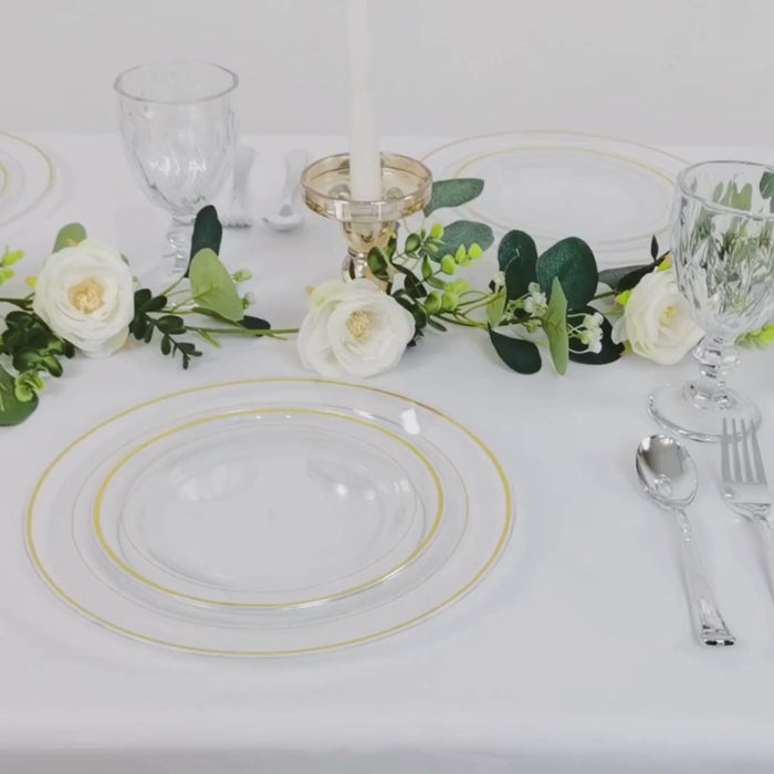 10 Pack | 10inch Très Chic Gold Rim Clear Plastic Dinner Plates, Disposable Party Plates
