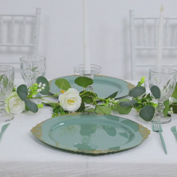 20-Pack Economy Plastic Charger Plates Round Dusty Sage Green with Gold Embossed Baroque Rim