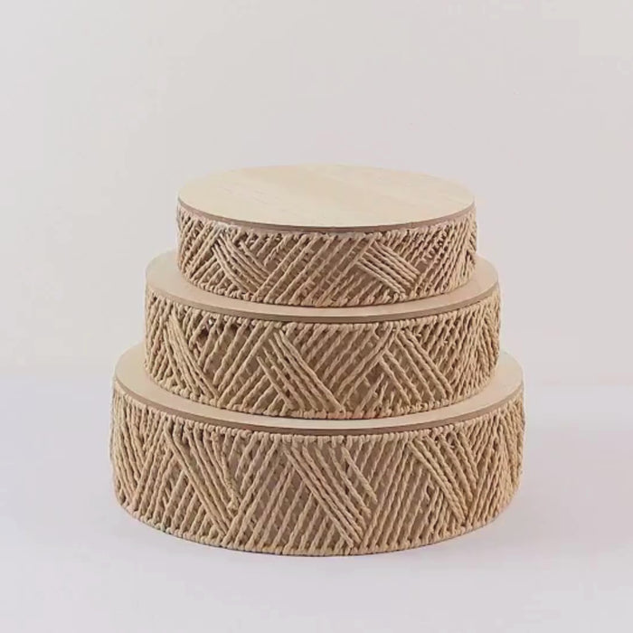 Set of 3 Natural Jute Rattan Pedestal Cake Stands with Top Wooden Plates, Stackable