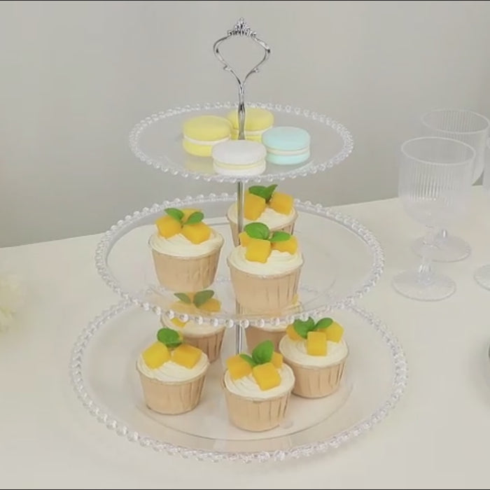 Clear 3-Tier Round Plastic Cupcake Tower Stand with Beaded Rim, Dessert Display