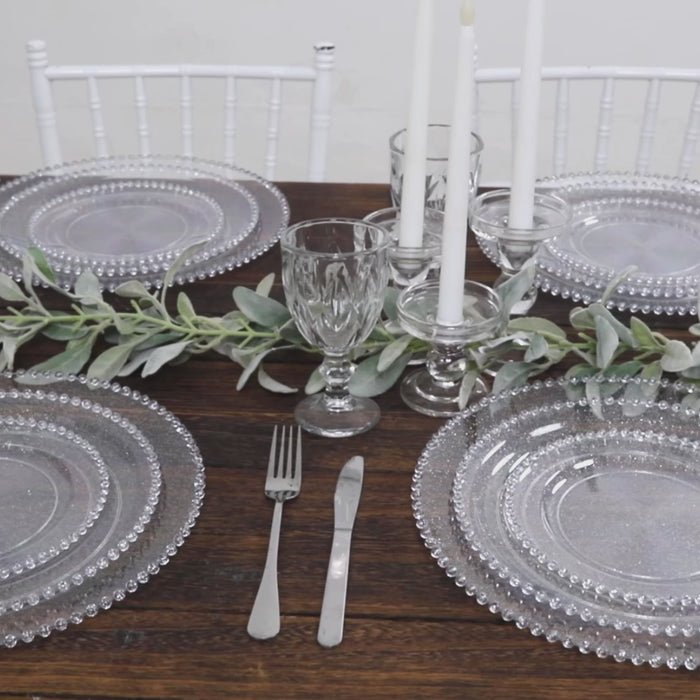 10 Pack Plastic Dessert Appetizer Plates in Clear Silver Glittered with Silver Beaded Rim