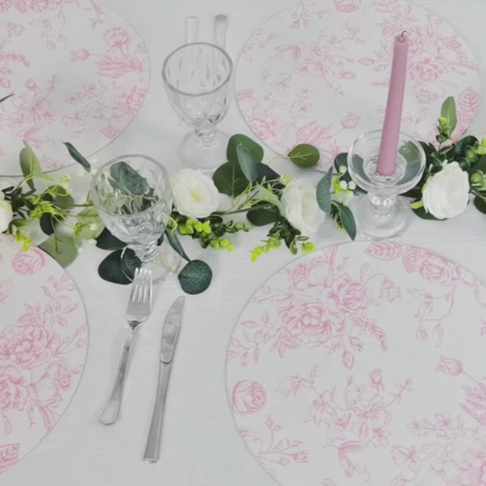 10 Pack Disposable Placemats in French Toile Floral Pattern, 13inch Matte Pink and White Cardboard