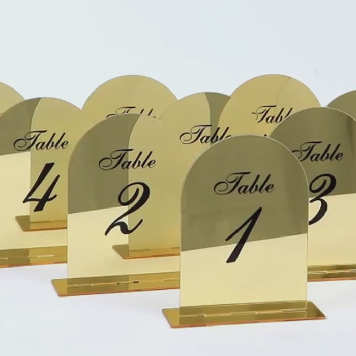 Wedding Table Numbers 1-10 – Gold Mirror Arch Acrylic with Black Print & Stands