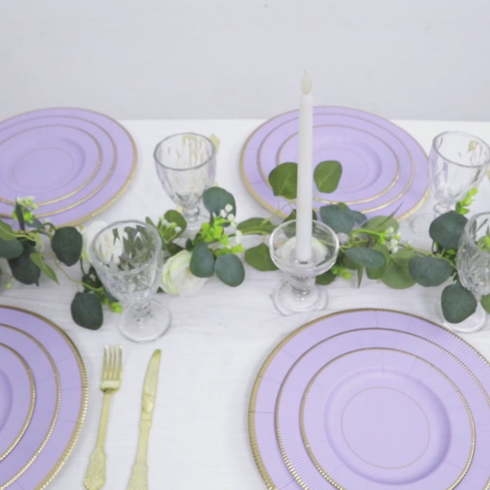 25-Pack Disposable Round Charger Plates 13inch Lavender Lilac Sunray Design with Gold Rim