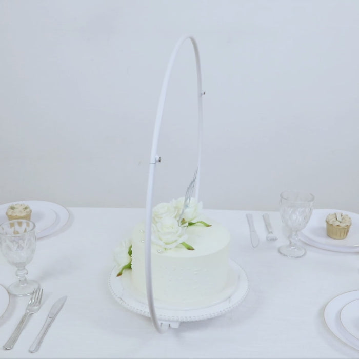 Metal Round Floral Hoop Cake Stand 22inch Whitewash with Beaded Wooden Base