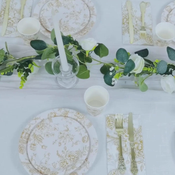 25 Pack White Gold French Toile Paper Dessert Plates, Round Disposable Salad Appetizer Plate