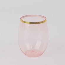 12 Pack Transparent Blush Plastic Stemless Wine Glasses with Gold Rim, Reusable Wine Tumbler - 12oz