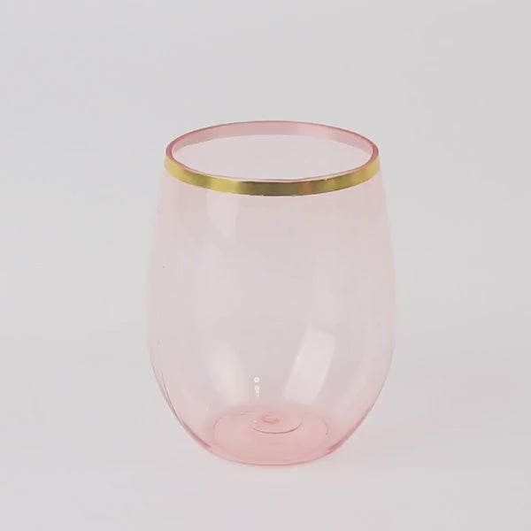 12 Pack Transparent Blush Plastic Stemless Wine Glasses with Gold Rim, Reusable Wine Tumbler - 12oz