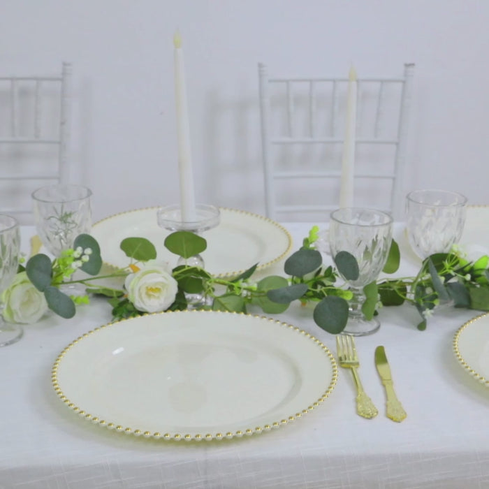 10-Pack Economy Plastic Charger Plates 13" Round Ivory with Gold Beaded Rim - Stylish Dinner Party