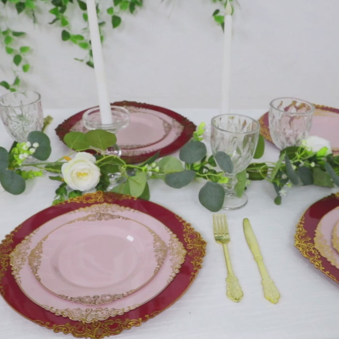20-Pack Economy Plastic Charger Plates 13inch Round Burgundy with Gold Embossed Baroque Rim