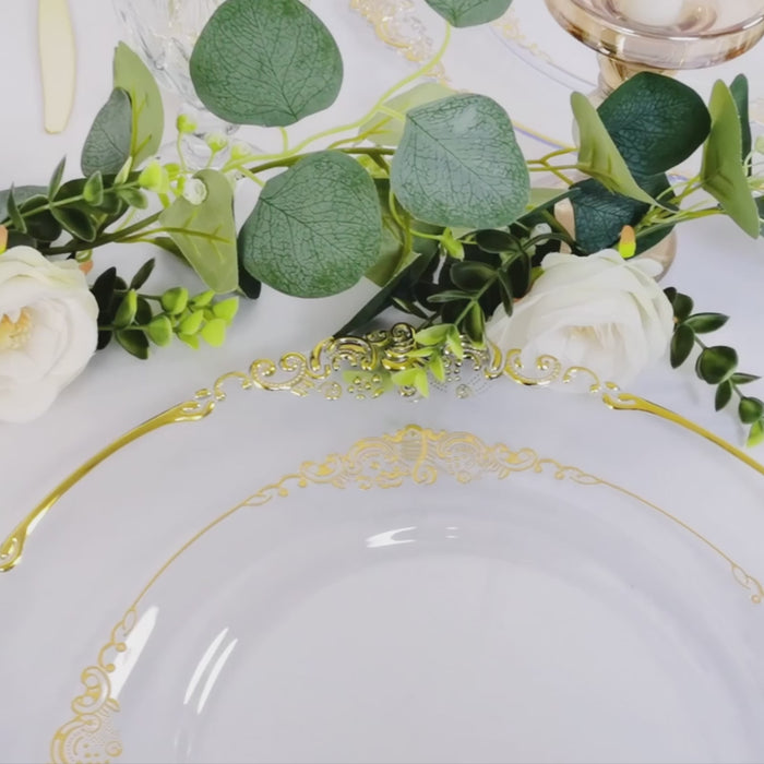 13 Inch Clear and Gold Embossed Baroque Rim Round Charger Plates 6 Pack